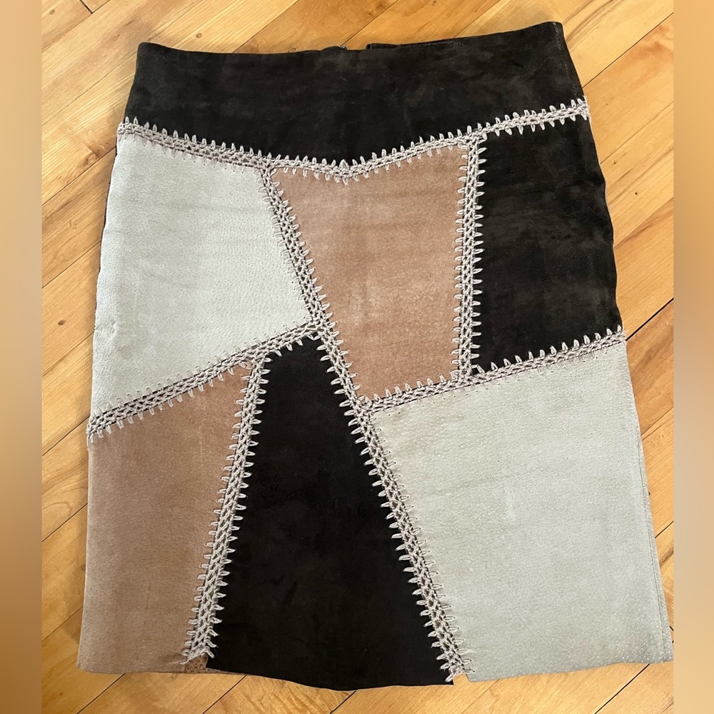 Vintage leather patchwork skirt, size 4-6, brown and beige